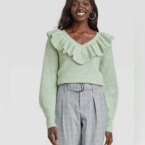 A New Day Ruffle V-Neck Collar Knit Sweater